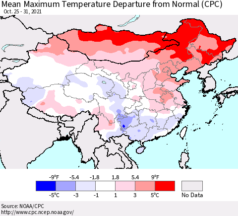 China, Mongolia and Taiwan Mean Maximum Temperature Departure from Normal (CPC) Thematic Map For 10/25/2021 - 10/31/2021