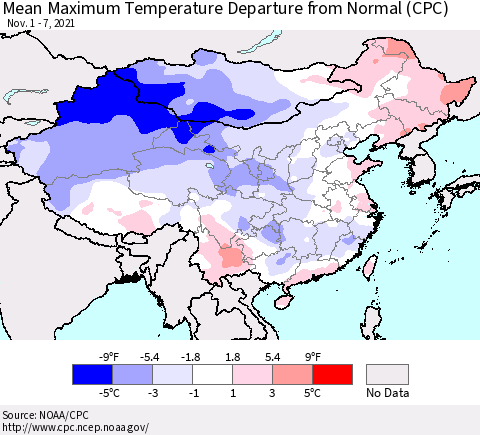China, Mongolia and Taiwan Mean Maximum Temperature Departure from Normal (CPC) Thematic Map For 11/1/2021 - 11/7/2021