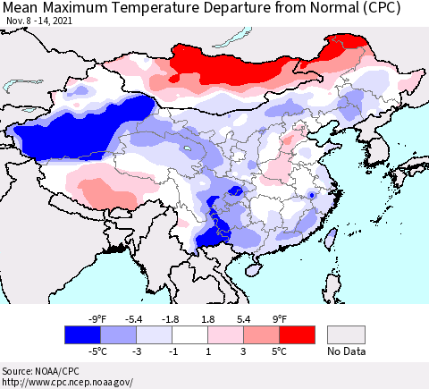 China, Mongolia and Taiwan Mean Maximum Temperature Departure from Normal (CPC) Thematic Map For 11/8/2021 - 11/14/2021