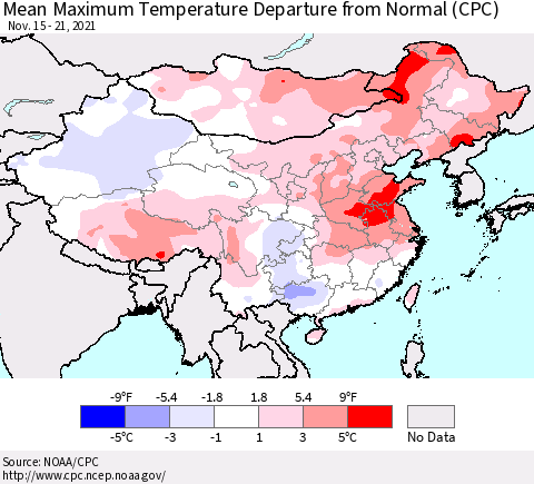 China, Mongolia and Taiwan Mean Maximum Temperature Departure from Normal (CPC) Thematic Map For 11/15/2021 - 11/21/2021