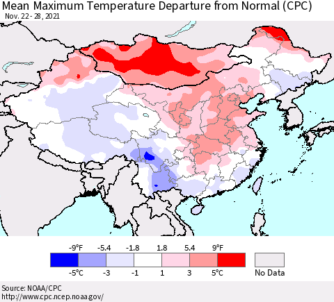 China, Mongolia and Taiwan Mean Maximum Temperature Departure from Normal (CPC) Thematic Map For 11/22/2021 - 11/28/2021