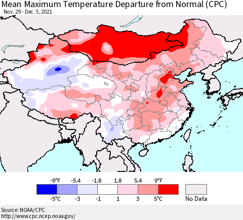 China, Mongolia and Taiwan Mean Maximum Temperature Departure from Normal (CPC) Thematic Map For 11/29/2021 - 12/5/2021