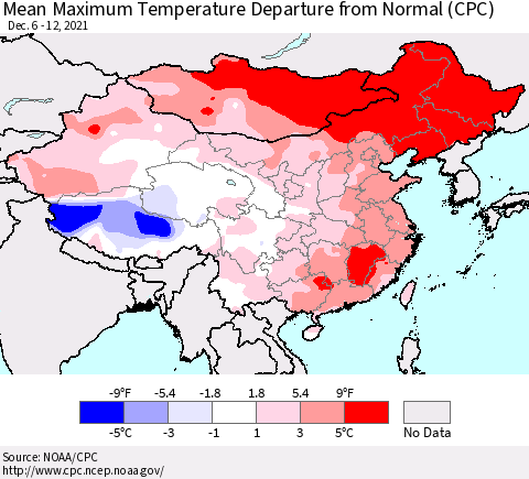 China, Mongolia and Taiwan Mean Maximum Temperature Departure from Normal (CPC) Thematic Map For 12/6/2021 - 12/12/2021