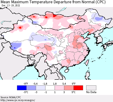 China, Mongolia and Taiwan Mean Maximum Temperature Departure from Normal (CPC) Thematic Map For 12/13/2021 - 12/19/2021