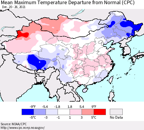 China, Mongolia and Taiwan Mean Maximum Temperature Departure from Normal (CPC) Thematic Map For 12/20/2021 - 12/26/2021