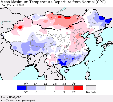 China, Mongolia and Taiwan Mean Maximum Temperature Departure from Normal (CPC) Thematic Map For 12/27/2021 - 1/2/2022