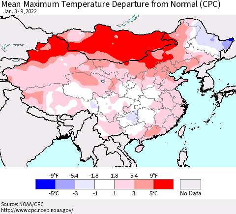 China, Mongolia and Taiwan Mean Maximum Temperature Departure from Normal (CPC) Thematic Map For 1/3/2022 - 1/9/2022