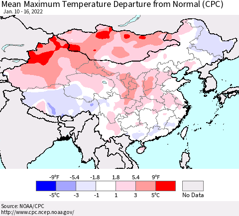 China, Mongolia and Taiwan Mean Maximum Temperature Departure from Normal (CPC) Thematic Map For 1/10/2022 - 1/16/2022