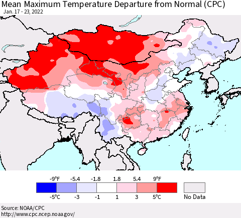 China, Mongolia and Taiwan Mean Maximum Temperature Departure from Normal (CPC) Thematic Map For 1/17/2022 - 1/23/2022