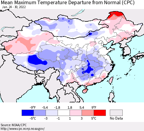 China, Mongolia and Taiwan Mean Maximum Temperature Departure from Normal (CPC) Thematic Map For 1/24/2022 - 1/30/2022