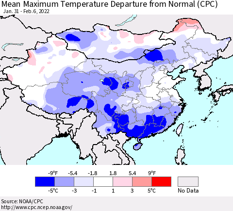 China, Mongolia and Taiwan Mean Maximum Temperature Departure from Normal (CPC) Thematic Map For 1/31/2022 - 2/6/2022