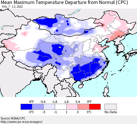 China, Mongolia and Taiwan Mean Maximum Temperature Departure from Normal (CPC) Thematic Map For 2/7/2022 - 2/13/2022