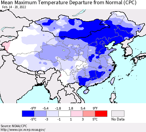 China, Mongolia and Taiwan Mean Maximum Temperature Departure from Normal (CPC) Thematic Map For 2/14/2022 - 2/20/2022