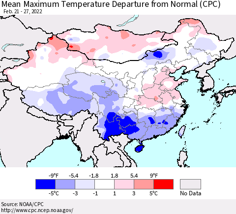 China, Mongolia and Taiwan Mean Maximum Temperature Departure from Normal (CPC) Thematic Map For 2/21/2022 - 2/27/2022
