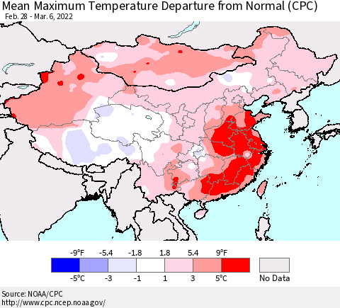China, Mongolia and Taiwan Mean Maximum Temperature Departure from Normal (CPC) Thematic Map For 2/28/2022 - 3/6/2022
