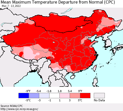 China, Mongolia and Taiwan Mean Maximum Temperature Departure from Normal (CPC) Thematic Map For 3/7/2022 - 3/13/2022