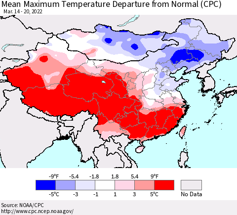 China, Mongolia and Taiwan Mean Maximum Temperature Departure from Normal (CPC) Thematic Map For 3/14/2022 - 3/20/2022