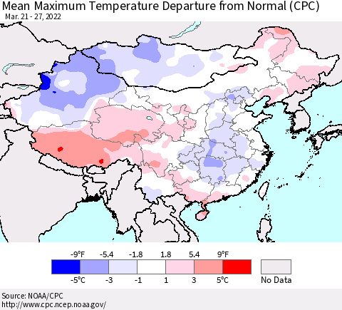 China, Mongolia and Taiwan Mean Maximum Temperature Departure from Normal (CPC) Thematic Map For 3/21/2022 - 3/27/2022