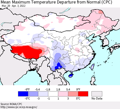 China, Mongolia and Taiwan Mean Maximum Temperature Departure from Normal (CPC) Thematic Map For 3/28/2022 - 4/3/2022