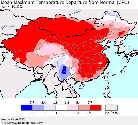 China, Mongolia and Taiwan Mean Maximum Temperature Departure from Normal (CPC) Thematic Map For 4/4/2022 - 4/10/2022