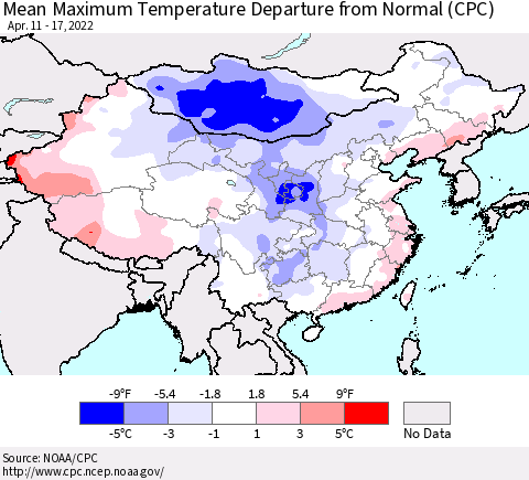 China, Mongolia and Taiwan Mean Maximum Temperature Departure from Normal (CPC) Thematic Map For 4/11/2022 - 4/17/2022