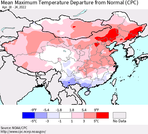 China, Mongolia and Taiwan Mean Maximum Temperature Departure from Normal (CPC) Thematic Map For 4/18/2022 - 4/24/2022