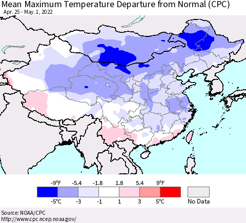 China, Mongolia and Taiwan Mean Maximum Temperature Departure from Normal (CPC) Thematic Map For 4/25/2022 - 5/1/2022
