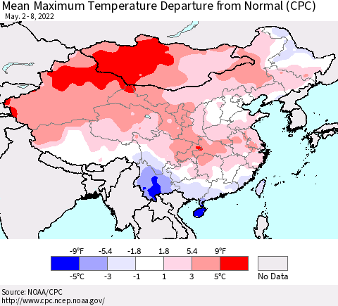 China, Mongolia and Taiwan Mean Maximum Temperature Departure from Normal (CPC) Thematic Map For 5/2/2022 - 5/8/2022