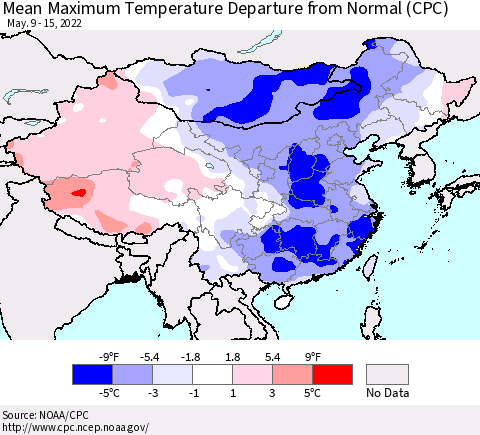 China, Mongolia and Taiwan Mean Maximum Temperature Departure from Normal (CPC) Thematic Map For 5/9/2022 - 5/15/2022