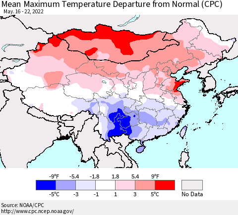China, Mongolia and Taiwan Mean Maximum Temperature Departure from Normal (CPC) Thematic Map For 5/16/2022 - 5/22/2022