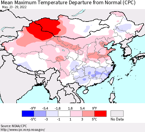 China, Mongolia and Taiwan Mean Maximum Temperature Departure from Normal (CPC) Thematic Map For 5/23/2022 - 5/29/2022