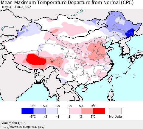 China, Mongolia and Taiwan Mean Maximum Temperature Departure from Normal (CPC) Thematic Map For 5/30/2022 - 6/5/2022