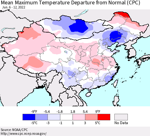 China, Mongolia and Taiwan Mean Maximum Temperature Departure from Normal (CPC) Thematic Map For 6/6/2022 - 6/12/2022