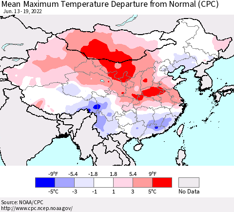 China, Mongolia and Taiwan Mean Maximum Temperature Departure from Normal (CPC) Thematic Map For 6/13/2022 - 6/19/2022