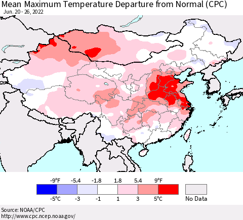 China, Mongolia and Taiwan Mean Maximum Temperature Departure from Normal (CPC) Thematic Map For 6/20/2022 - 6/26/2022