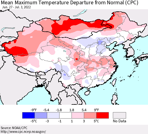 China, Mongolia and Taiwan Mean Maximum Temperature Departure from Normal (CPC) Thematic Map For 6/27/2022 - 7/3/2022