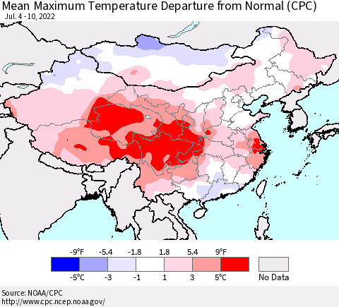 China, Mongolia and Taiwan Mean Maximum Temperature Departure from Normal (CPC) Thematic Map For 7/4/2022 - 7/10/2022