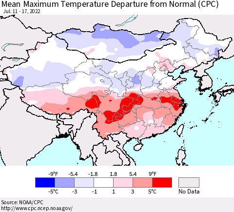 China, Mongolia and Taiwan Mean Maximum Temperature Departure from Normal (CPC) Thematic Map For 7/11/2022 - 7/17/2022