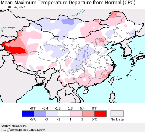 China, Mongolia and Taiwan Mean Maximum Temperature Departure from Normal (CPC) Thematic Map For 7/18/2022 - 7/24/2022