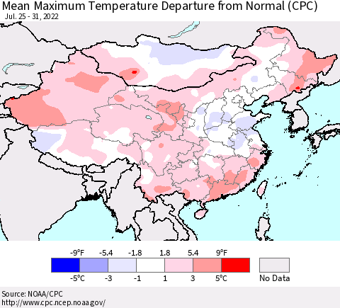 China, Mongolia and Taiwan Mean Maximum Temperature Departure from Normal (CPC) Thematic Map For 7/25/2022 - 7/31/2022