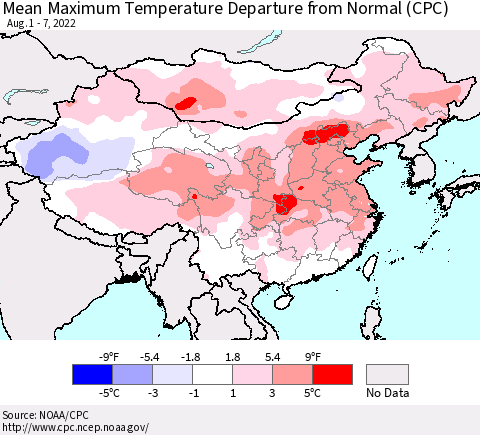 China, Mongolia and Taiwan Mean Maximum Temperature Departure from Normal (CPC) Thematic Map For 8/1/2022 - 8/7/2022