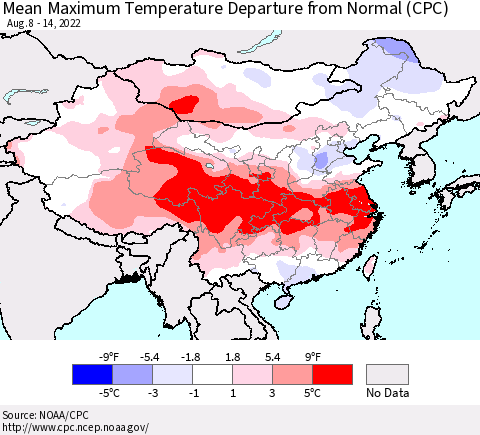 China, Mongolia and Taiwan Mean Maximum Temperature Departure from Normal (CPC) Thematic Map For 8/8/2022 - 8/14/2022