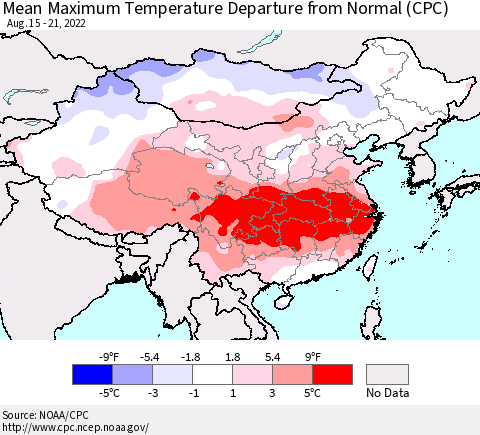 China, Mongolia and Taiwan Mean Maximum Temperature Departure from Normal (CPC) Thematic Map For 8/15/2022 - 8/21/2022