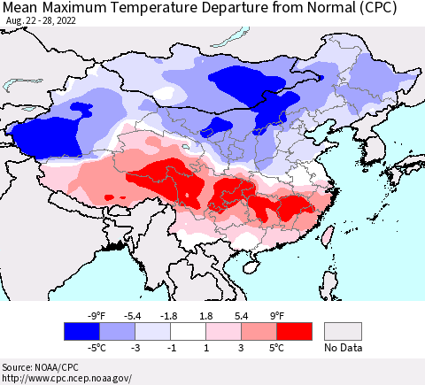 China, Mongolia and Taiwan Mean Maximum Temperature Departure from Normal (CPC) Thematic Map For 8/22/2022 - 8/28/2022