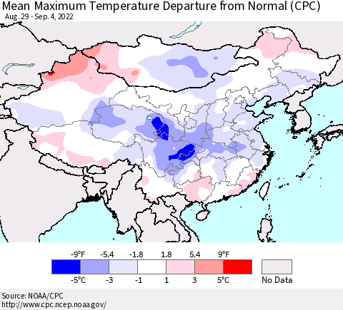 China, Mongolia and Taiwan Mean Maximum Temperature Departure from Normal (CPC) Thematic Map For 8/29/2022 - 9/4/2022