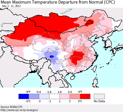 China, Mongolia and Taiwan Mean Maximum Temperature Departure from Normal (CPC) Thematic Map For 9/5/2022 - 9/11/2022