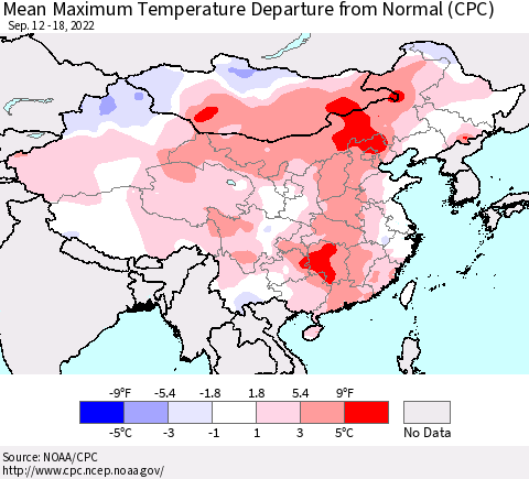 China, Mongolia and Taiwan Mean Maximum Temperature Departure from Normal (CPC) Thematic Map For 9/12/2022 - 9/18/2022