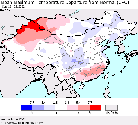 China, Mongolia and Taiwan Mean Maximum Temperature Departure from Normal (CPC) Thematic Map For 9/19/2022 - 9/25/2022