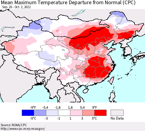China, Mongolia and Taiwan Mean Maximum Temperature Departure from Normal (CPC) Thematic Map For 9/26/2022 - 10/2/2022