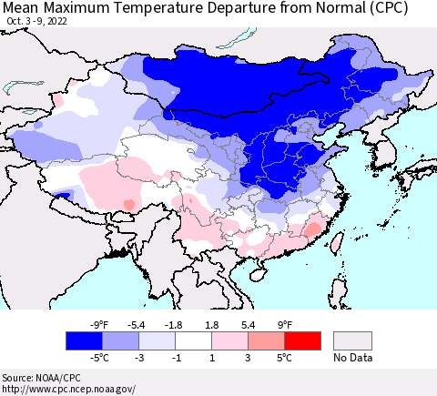 China, Mongolia and Taiwan Mean Maximum Temperature Departure from Normal (CPC) Thematic Map For 10/3/2022 - 10/9/2022